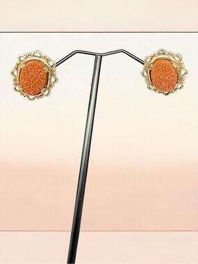 Vintage Goldstone Filigree Gold Tone Screw Back Earrings Boho-Chic Celestial
